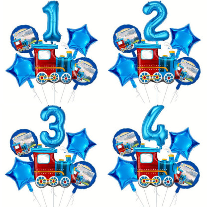 6pcs Retro train Balloon Set Blue Digital 0-9 Foil Balloon Cartoon Train Balloon Birthday Party Decoration Supplies Baby Shower