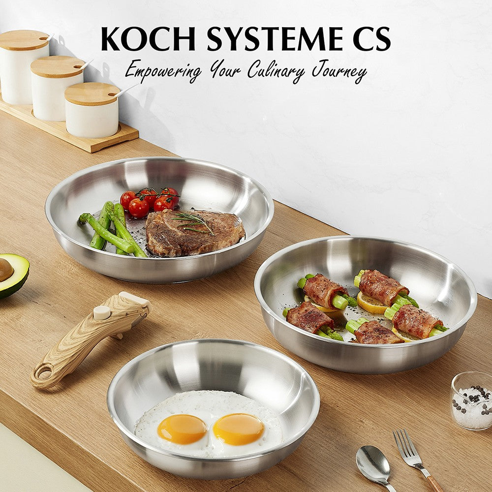 Conjunto de 4 Frigideiras de Aço Inoxidável KOCH SYSTEME CS, Frigideiras de Aço Inoxidável com Cabo Removível, Conjunto de Panelas para Cozinha