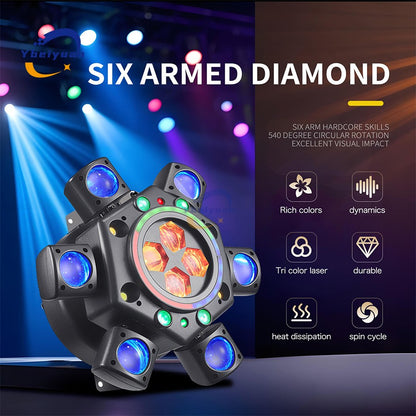 150W RGBW 4-in-1 6 Arm Moving Head Dye Bee Eye Effect Light DMX512 Remote Control DJ Disco Bar Birthday Party Christmas Stage