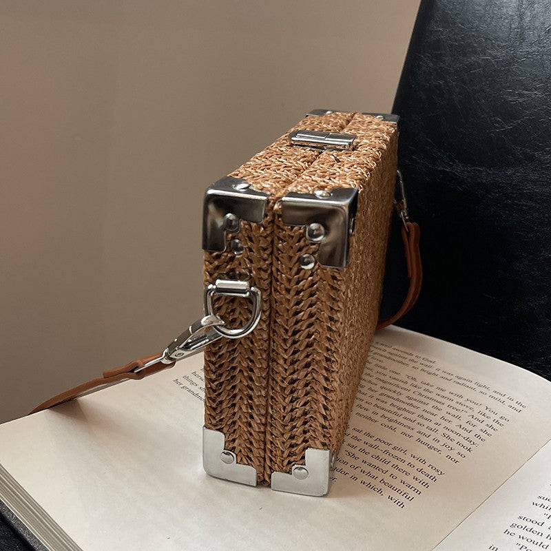 Couple's Sling Bag Straw Weaving with Corner Metal Decoration Boxy Shape Doctor Bag for Date Back to School Party Shoulder Bag
