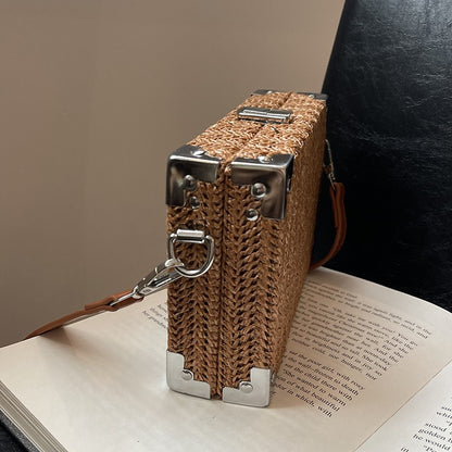 Couple's Sling Bag Straw Weaving with Corner Metal Decoration Boxy Shape Doctor Bag for Date Back to School Party Shoulder Bag