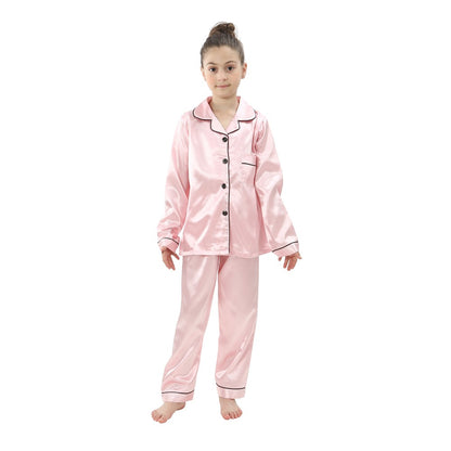 2 to 14 Years Boys Girls Pajamas Sets Kids Silk Satin Top Pant Long/Short Sleeve Solid Pyjamas Suits Nightgown Child Sleepwear