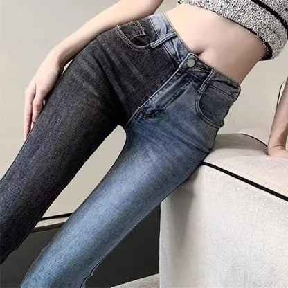 Women Contrast Patchwork Flared Jeans Ladies Stretch High Waist Skinny Boot-Cut Trousers Mujer Fashion Denim Pants Size S-2XL