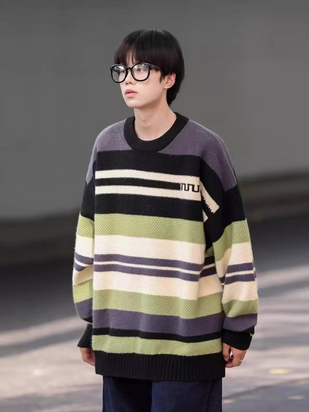 Simple Versatile Trendy Men's Crew Neck Sweater Contrasting Stripes Casual Loose Neutral Style Pullover