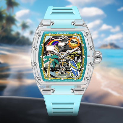 New PINDU Watch Unique Dial Design Style Men Mechanical Watch Summer Beach Fashion Watch Glowing Waterproof Resin silicone strap