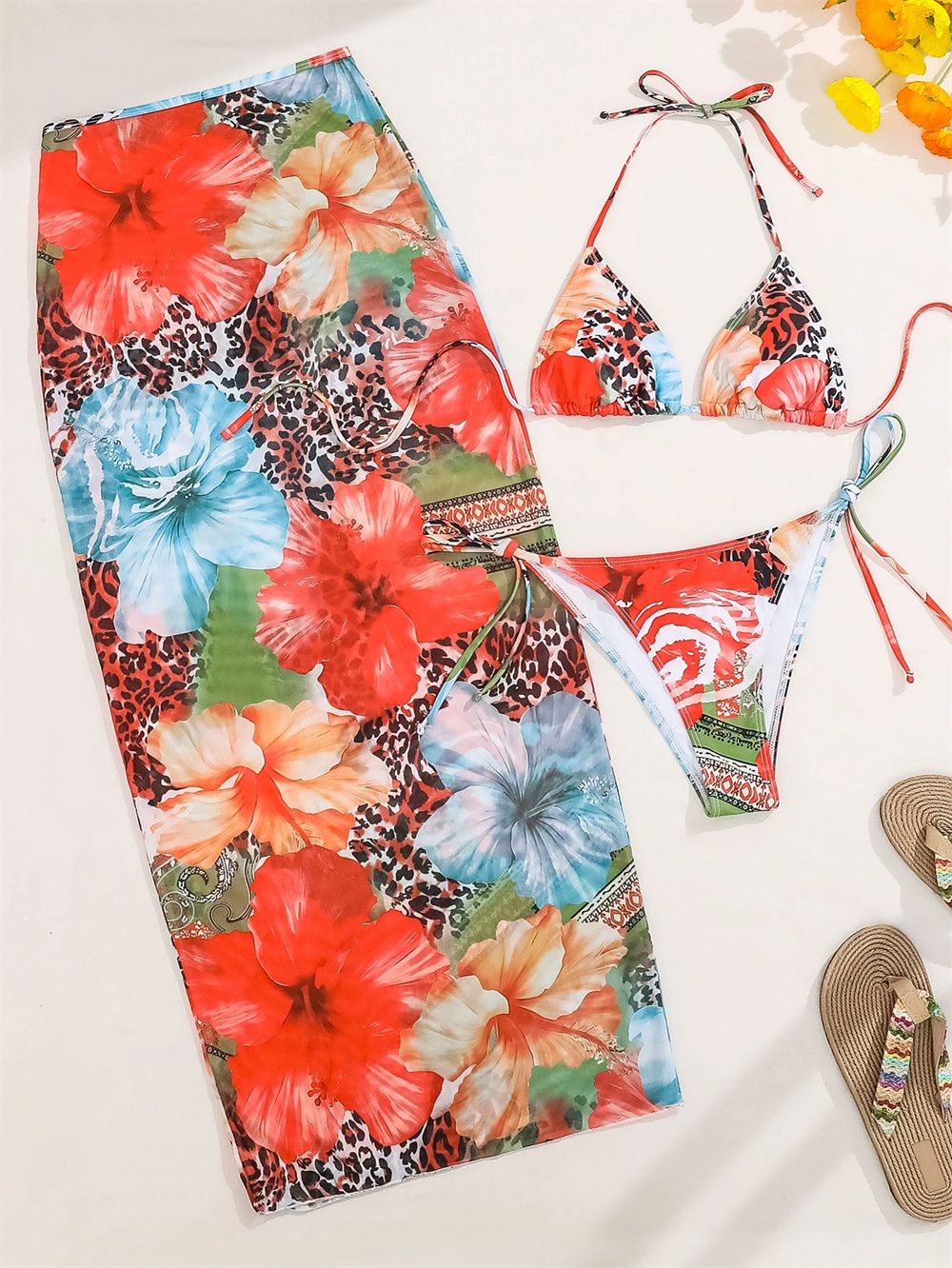 2025 New Flower Print Bikini Set Women's High Waist Long Skirt 3 Piece Swimsuit Sexy Mini Triangle Backless Thong Bathing Suit