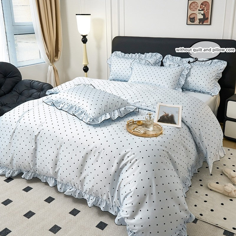 Conjunto de capa de edredom coreana de renda 3 peças (1*Capa de Edredom + 2*Fronhas, Sem enchimento), Conjunto de cama com estampa de bolinhas pretas