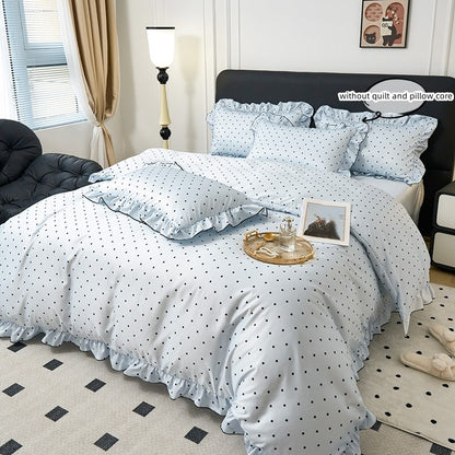 Conjunto de capa de edredom coreana de renda 3 peças (1*Capa de Edredom + 2*Fronhas, Sem enchimento), Conjunto de cama com estampa de bolinhas pretas