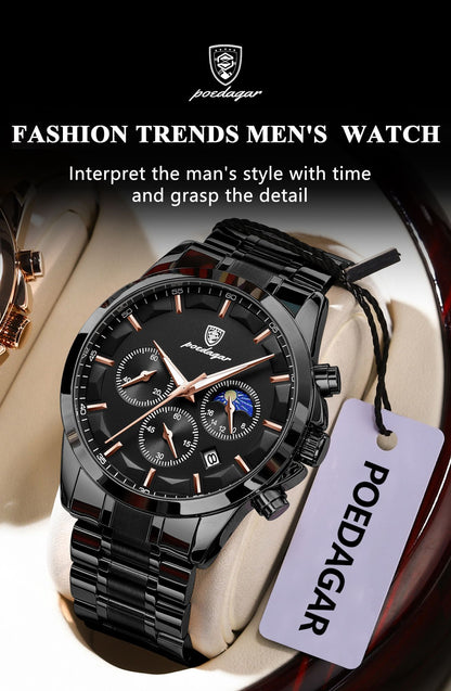 POEDAGAR Top Fashion Men's Watches Waterproof Luminous Stainless Steel Men Wristwatch Chronograph Date Quartz Business Man Watch