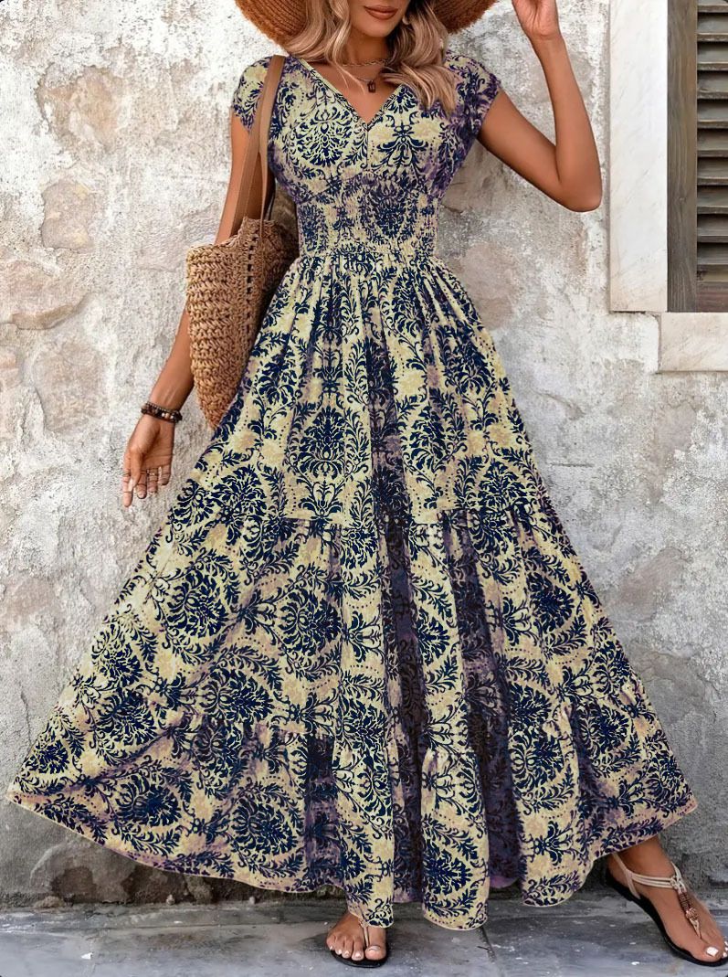 2025 vintage printed dress fashionable and elegant V-neck short sleeved jumpsuit long skirt women's clothing