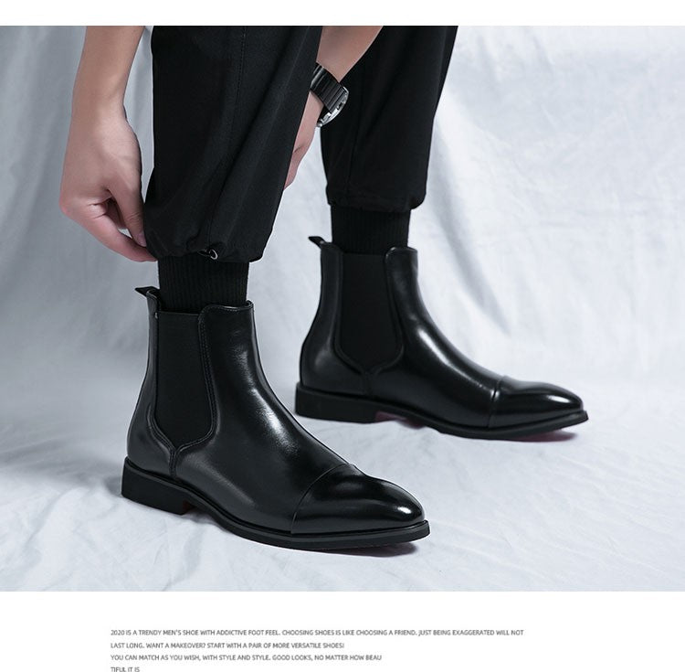 Botas masculinas Chelsea com sola vermelha, tornozelo, bico redondo para negócios, estilo Aura, sapatos masculinos tamanho 38-46, botas masculinas