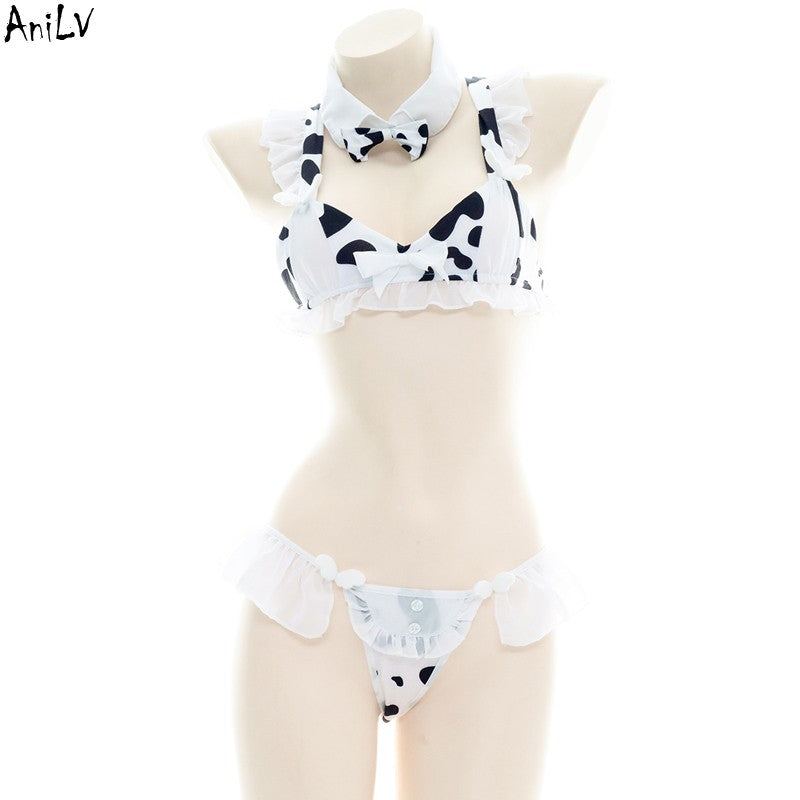 AniLV Cow Series Swimsuit Bodysuit Bikini Maid Unifrom Costume Summer Beach Kawaii Girl Swimwear Skirt Uniform Set Cosplay
