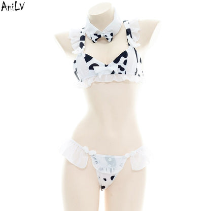 AniLV Cow Series Swimsuit Bodysuit Bikini Maid Unifrom Costume Summer Beach Kawaii Girl Swimwear Skirt Uniform Set Cosplay