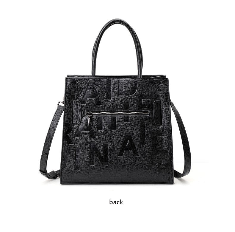 Aidrani women's large capacity handbag with letter print design, made of cowhide material, black