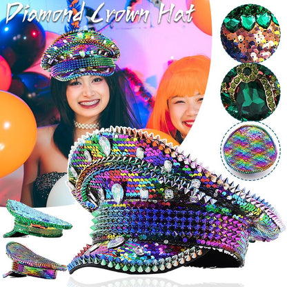 Chapéu de Capitão Chapéu Punk de Lantejoulas Coloridas com Strass para Festa Festival Aniversário Casamento Chapéu de Noiva Chapéu de Palco para Mulheres e Homens