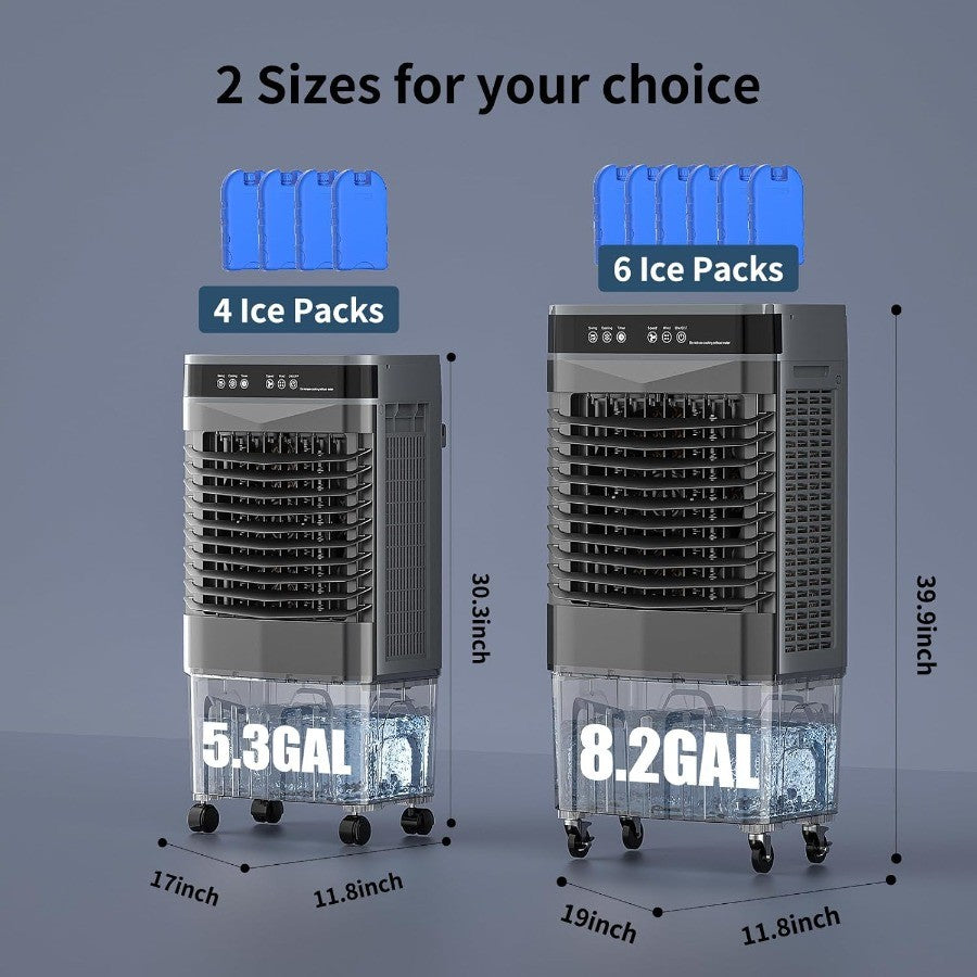 Ar-Condicionado Evaporativo Portátil 3 em 1 Swamp Cooler de 8,2 Gal com Controle Remoto, 3 Velocidades, Timer de 12H e 6 Bolsas de Gelo
