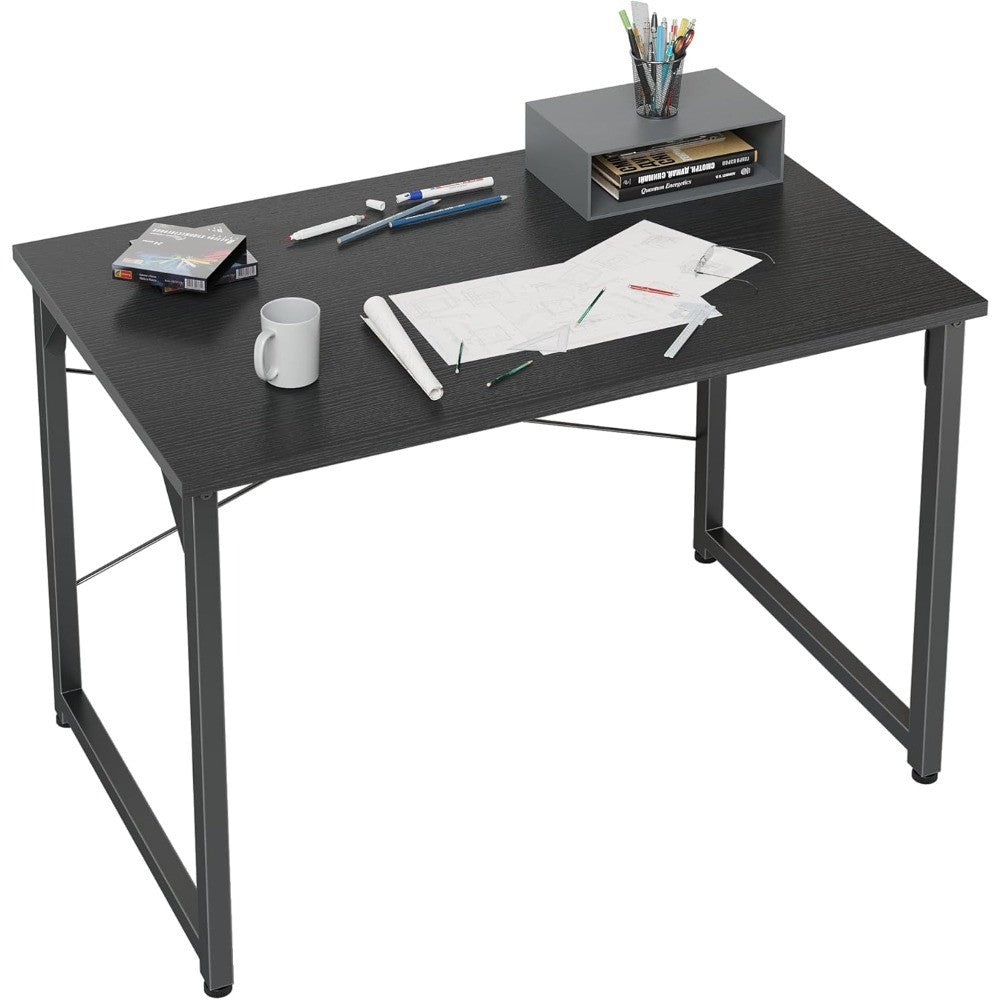 Contemporary Home Office Writing Desk, 40-inch Study Table with Sleek Black Metal Frame