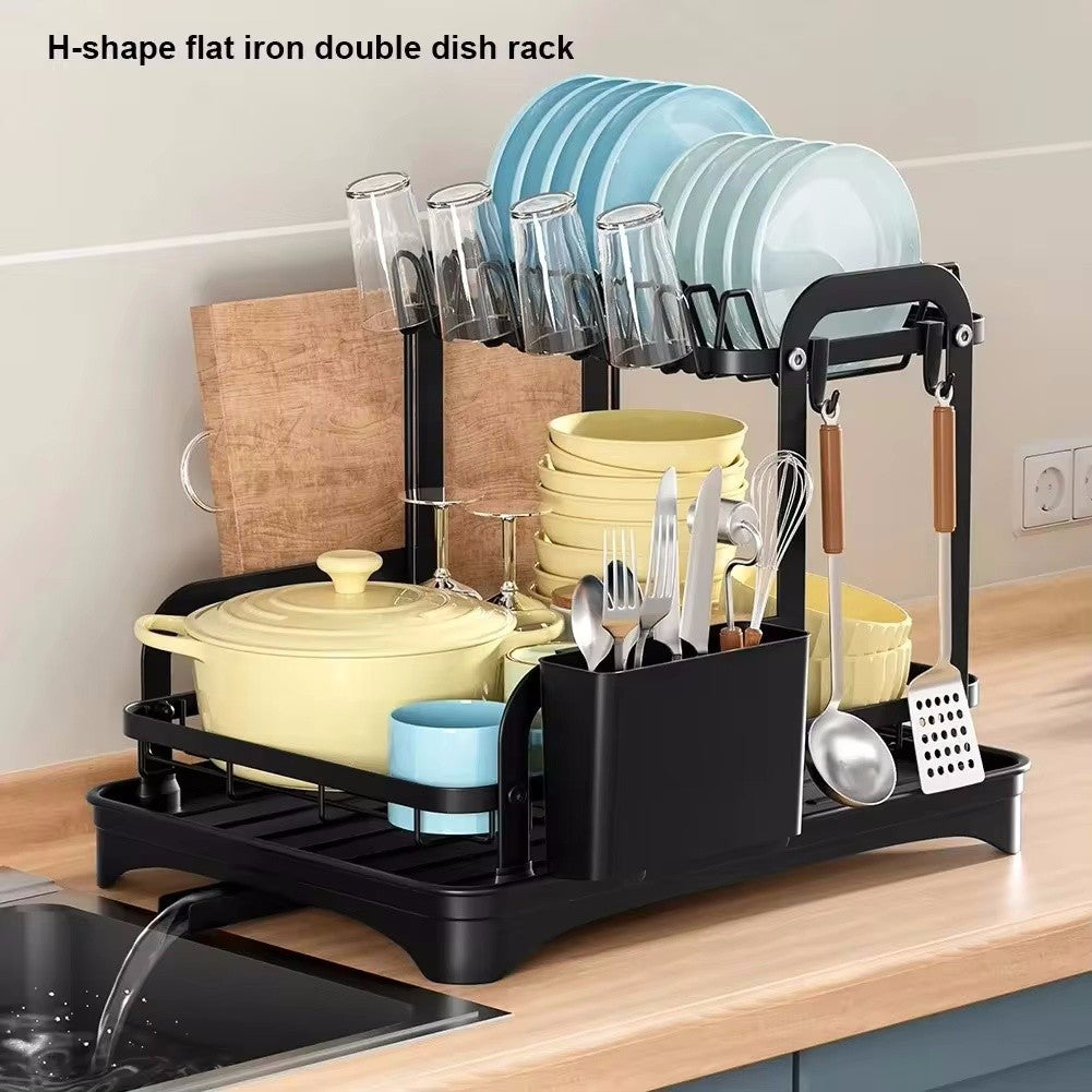 HOT 2 Tier Dish Bowl Drainer Storage Rack Kitchen Dish Drying Rack with Drain Basket Countertop Dinnerware Organizer Drainboard