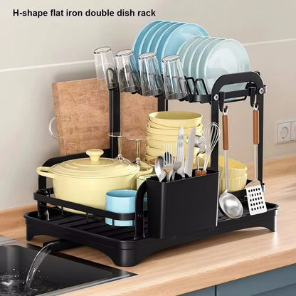 HOT 2 Tier Dish Bowl Drainer Storage Rack Kitchen Dish Drying Rack with Drain Basket Countertop Dinnerware Organizer Drainboard