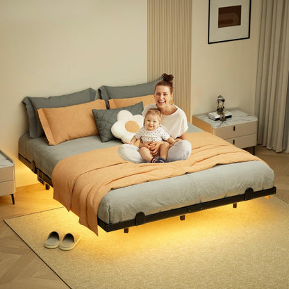 Cama Queen Size com Luzes LED Inteligentes e Estação de Carregamento - Cama LED Moderna com Luzes, Camas Flutuantes, Fácil