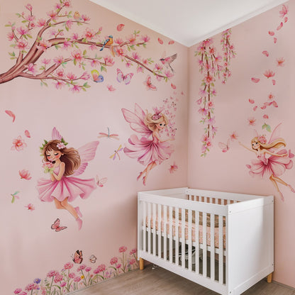 Pink Tree Branches Birds Butterflies Elf Girls Meet Wall Stickers Bedroom Children's Room Home Wall Decoration Self-adhesive