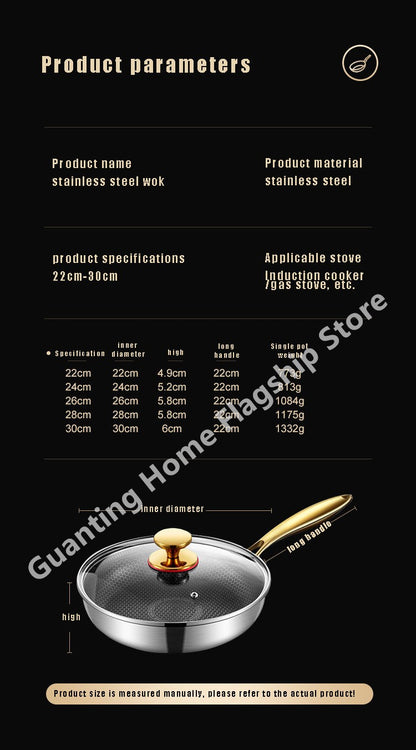 316 Stainless Steel Frying Pan Wok Non-stick Honeycomb Pot Home Steak skillet Gas Stove Induction Saucepan Kitchen Cookware 30cm