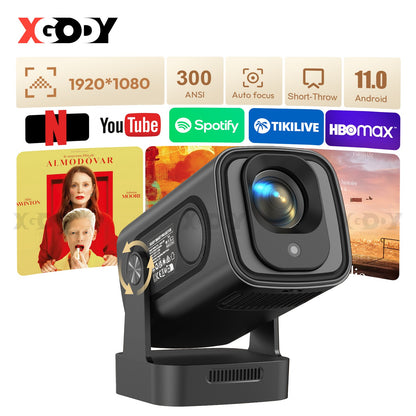 Projetor inteligente XGODY Gimbal5 PRO 4K HD 12000LMS com correção Keystone, nativo 1080p, Wi-Fi duplo, Bluetooth, Android e Home Theater