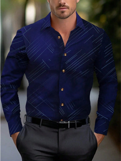 Men's round neck shirt long sleeved striped lapel casual shirt for spring, autumn, winter, and summer