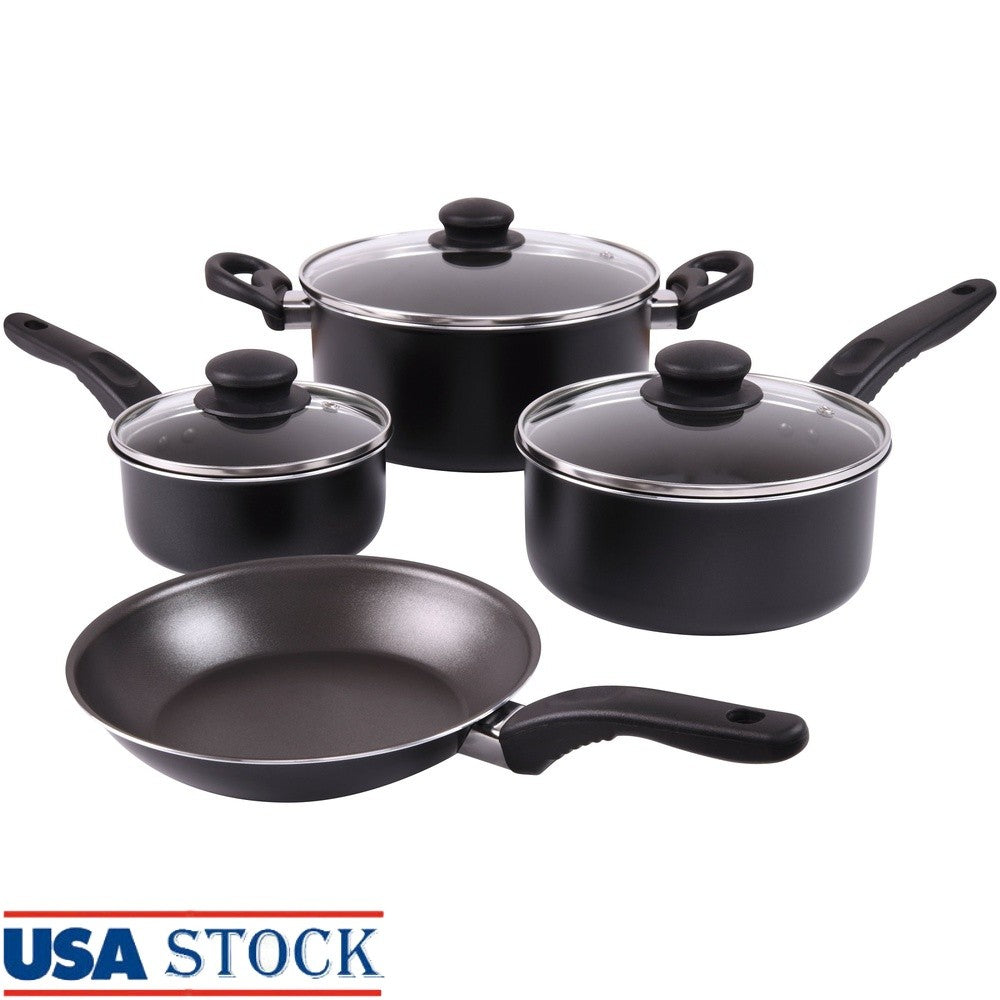 7 Piece Non Stick Aluminum Cookware Set Includes Saucepans Dutch Oven Frying Pan Lightweight Durable Ideal Cooking and Easy