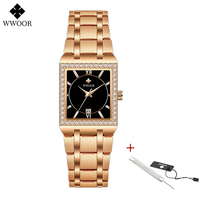 WWOOR Top Brand Luxury New Ladies Diamond Watch Fashion Square lady Wrist Watch Simple Women Dress Small Watch Relogio Feminino