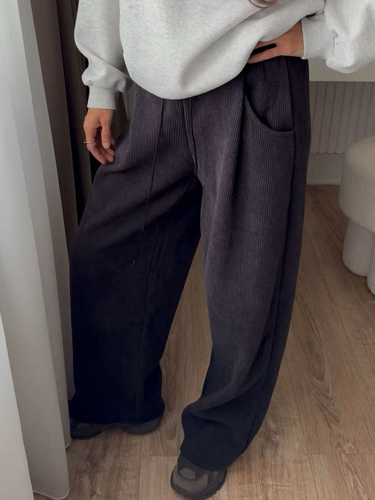 Streamgirl Women Winter Corduroy Pants Dark Brown With Thick Warm Fleece Trousers Corduroy High Waist Loose Pants For Women