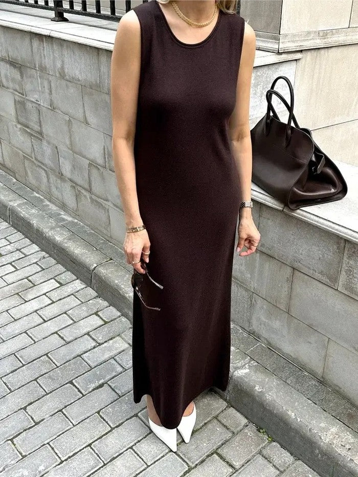 Noodle Women's Summer Knitted Dress Sleeveless Soild Long Elegant Brown Dress  O