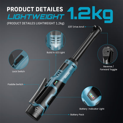Chave Catraca Estendida SEESII 6" Chave Elétrica Sem Fio 3/8" 55Nm 12V Chave de Ângulo Recarregável Ferramentas para Reparo Automotivo c/2 Baterias
