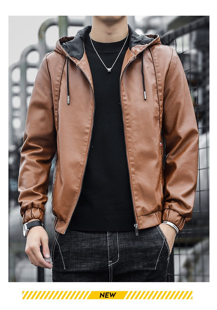 2025 Trending Men's Leather Jacket, Hooded Slim Fit Korean Style Biker Casual Coat