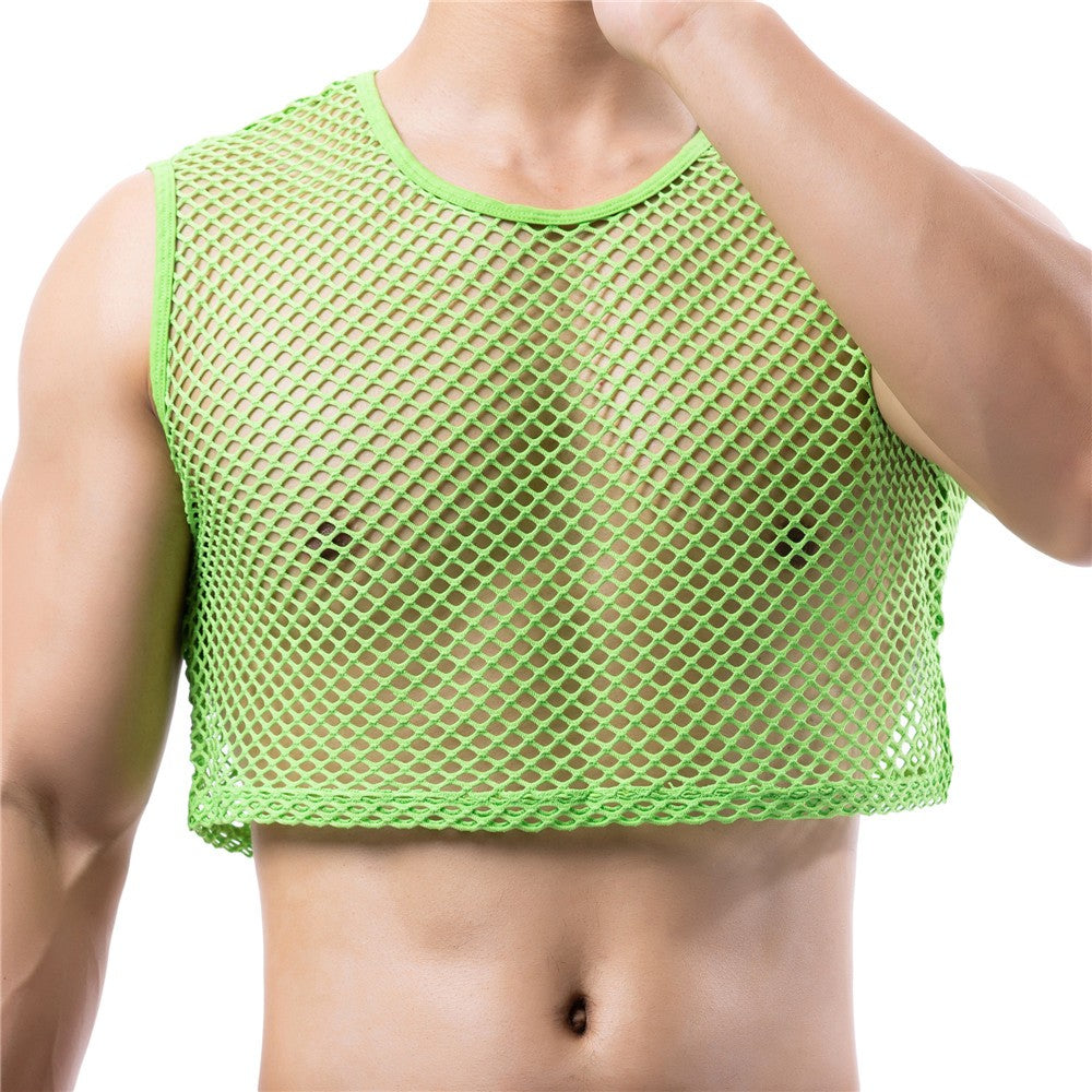 Mens Transparent Fishnet Crop Top Sexy Mesh Hollow Out Tank Tops Gym Fitness Sleeveless Undershirts T-shirts Nightclub Mini Vest