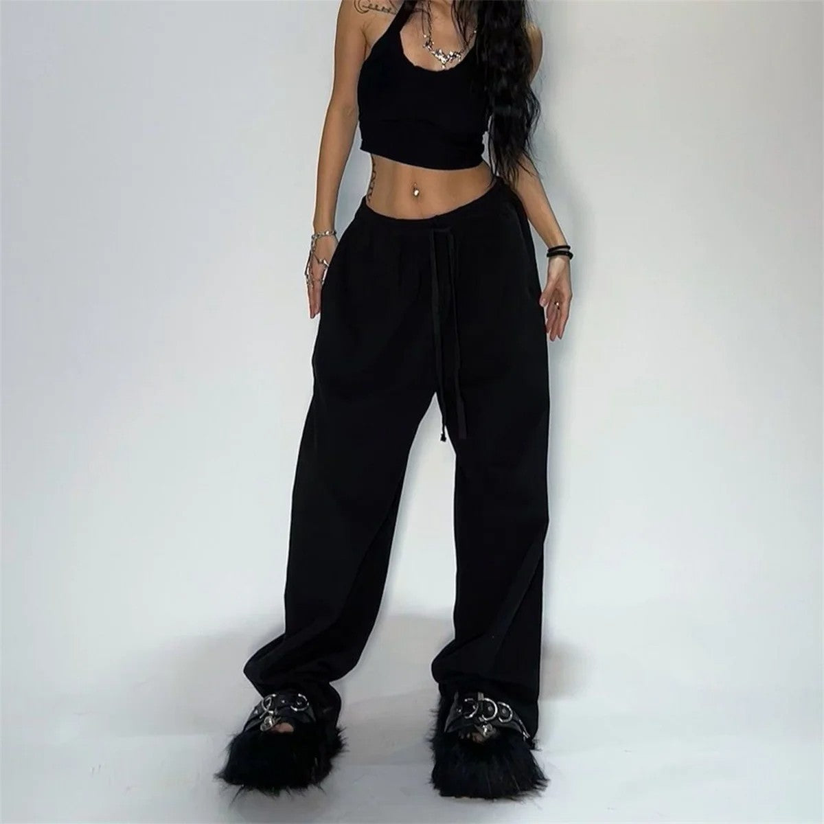 Casual Solid Sweatpants For Women High Waist Lace Up Loose Joggers Pant Classic Baggy Streetwear Female Sport Dance Trouser Y2K