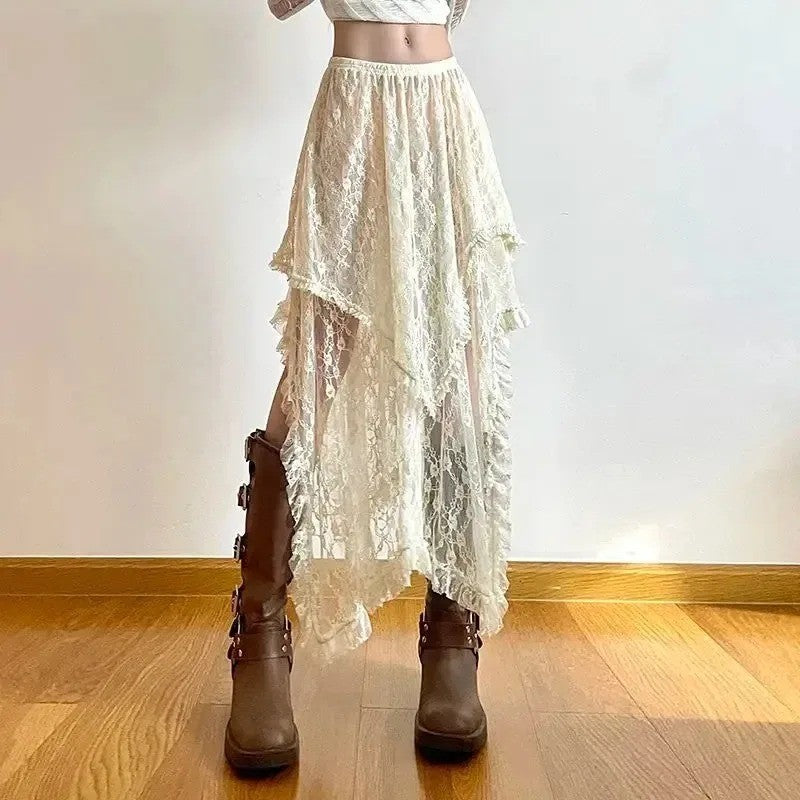 Lace Jacquard Transperant Skirt Women Summer New High Waist Sexy Casual Long Skirts 2025 Streetwear Fashion Black Maxi Skirt