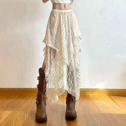 Lace Jacquard Transperant Skirt Women Summer New High Waist Sexy Casual Long Skirts 2025 Streetwear Fashion Black Maxi Skirt