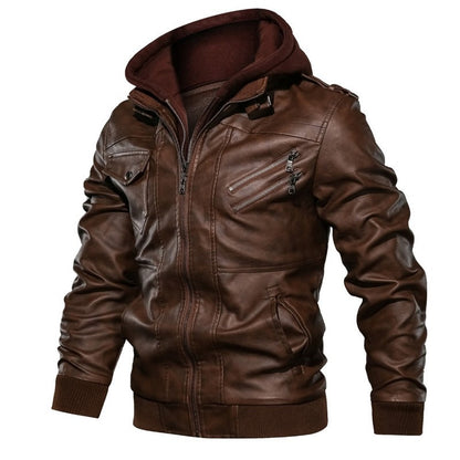 Men's Autumn Winter Casual PU Leather Hooded Zipper Warm Jackets Male Motorcycle Jacket Military Windbreaker Outdoor Coats
