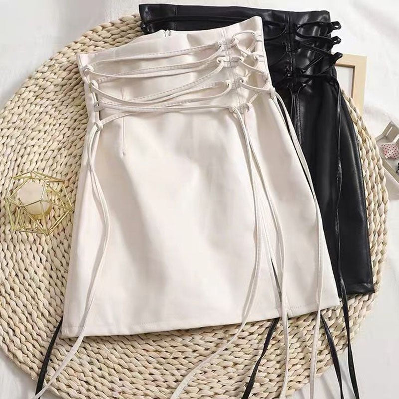 Black Leather Mini Skirts Women Gothic High Waist Slim Fit Lace Up Pencil Skirt Female Sexy Club Back Zipper Split Bag Hip Skirt