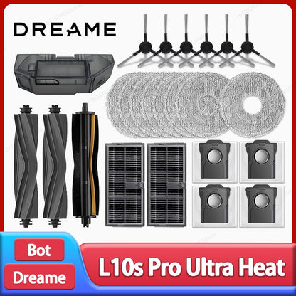 Acessórios para Robô Aspirador Dreame L10s Pro Ultra Heat / X30 Ultra: Escova Principal, Escova Lateral, Pano de Limpeza, Filtro Hepa, Saco de Pó, Peças de Reposição