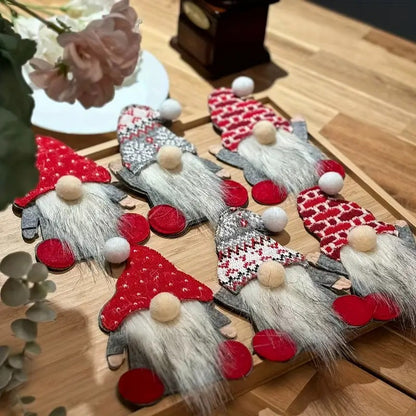 Um conjunto de 6 talheres (garfo e faca) temático de anões com um saco de armazenamento de tecido - talheres xadrez vermelho e branco, adequado para o Natal