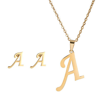 Conjunto Feminino de Colar e Brincos de Aço Inoxidável com Letra Inicial do Alfabeto A-Z - Joias Personalizadas de 26 Letras Inglesas - Presente