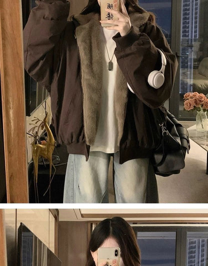 American Retro Reversible Velvet Zipper Hooded Jacket Women Winter Fashion Street Thick Loose Warm Harajuku Casual Plush Jacket