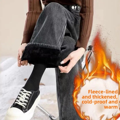 Thickened Fleece Lined Retro Women's Wide Leg Jeans Winter New Style Hong Kong Flavor Small Size Straight Cut Warm Trousers
