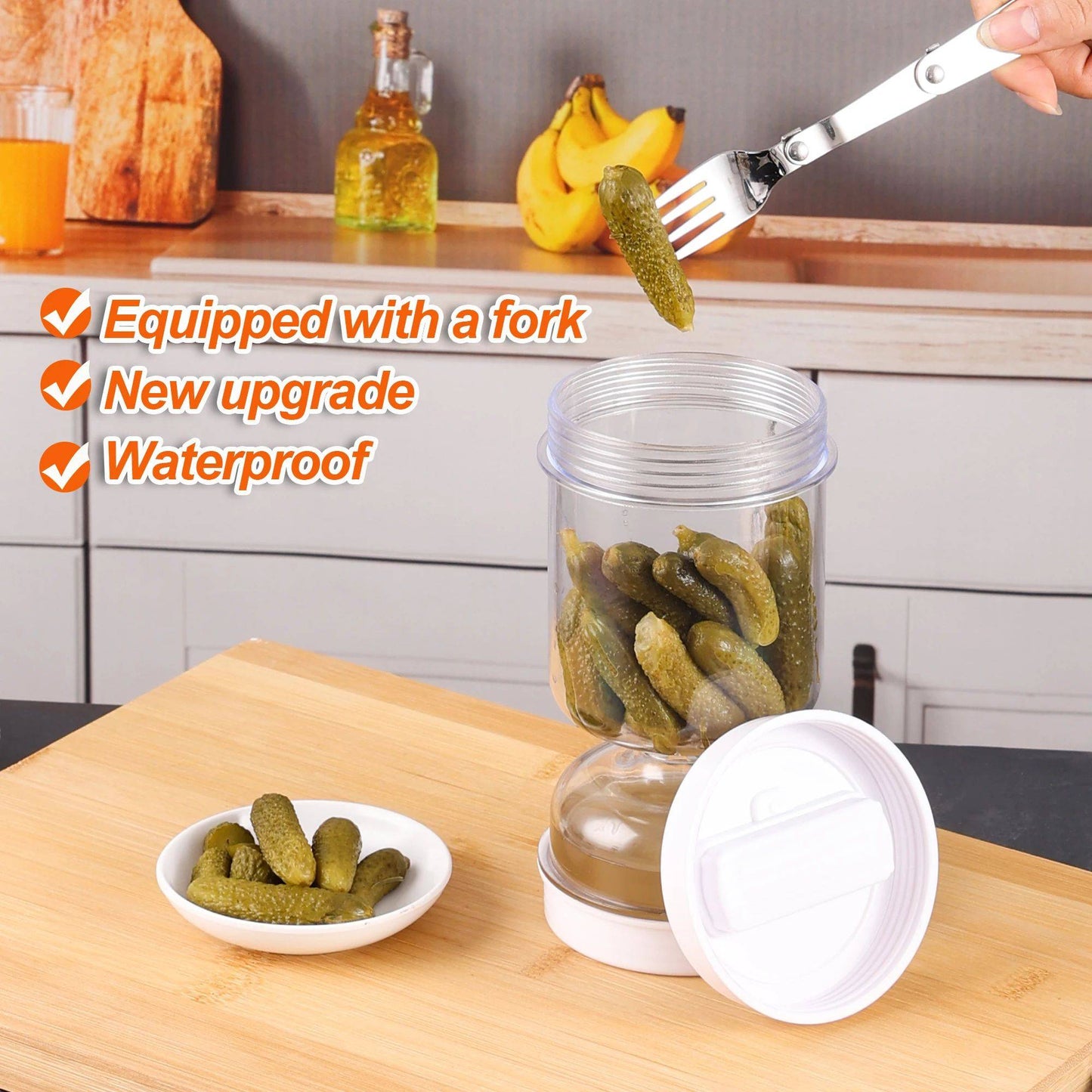 Pote de Picles com Garfos Dispensador de Picles Secos e Molhados Frasco de Ampulheta para Picles e Azeitonas Recipiente de Pepino para Cozinha Ferramenta Separadora de Suco