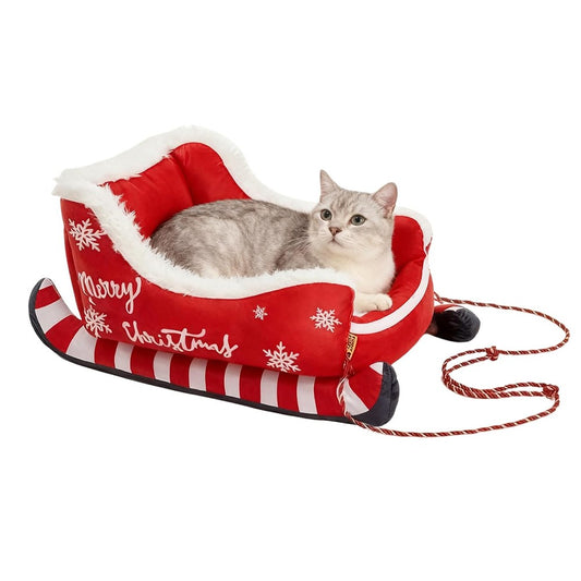 Cama Trenó de Natal Sofá Quente para Animais de Estimação de Pelúcia Removível e Lavável com Base Antiderrapante Ninho de Gato e Cachorro de Natal para Inverno Interno e Externo