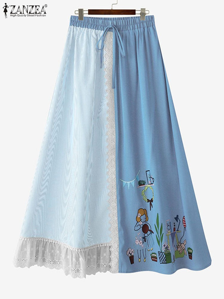 ZANZEA Plus Size Women Skirts Denin-Like Striped Patchwork Lace Trim Detail Lace-Up Elastic Waist A-Line Midi Skirt Casual Chic