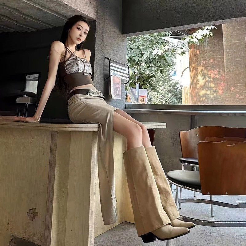 Women Pointed Toe High Boots Fashion Sexy Mid Heels Shoes Woman Chunky Trend Chelsea Boots Pumps Elegant Mujer Snow Goth Botas