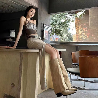 Women Pointed Toe High Boots Fashion Sexy Mid Heels Shoes Woman Chunky Trend Chelsea Boots Pumps Elegant Mujer Snow Goth Botas